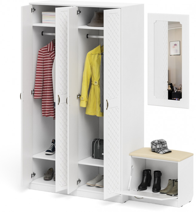 Прихожая П-6 Компоновка № 08, белая шагрень/фасады МДФ белое дерево фрезеровка ромб