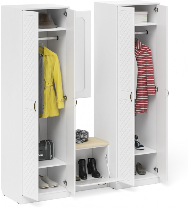 Прихожая П-6 Компоновка № 08, белая шагрень/фасады МДФ белое дерево фрезеровка ромб