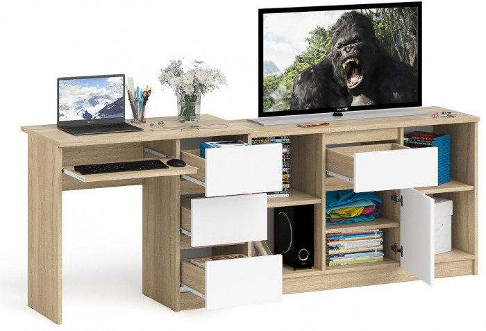 Мори Стол компьютерный МС-6 правый + Тумба МТВ1204.1, цвет дуб сонома/белый, ШхГхВ 210,4х50х76,6 см., выдвижные ящики справа, НЕ универсальная сборка