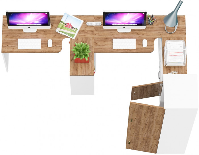 Лидер-8 Стол + Стол + Пенал МД 21Б + Тумба МД 3.19, белый шагрень/крафт золото