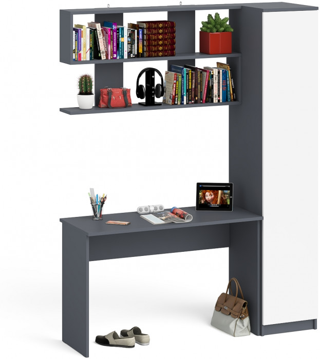 Мори Стол письменный МСП1200.1 + Пенал МШ400.1 + Полка 1200, цвет графит/белый, ШхГхВ 160,8х50,4х209,6 см., универсальная сборка