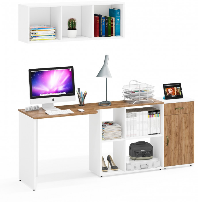 Лидер-8 Стол + Полка + Тумба МД 3.15, белый шагрень/крафт золото