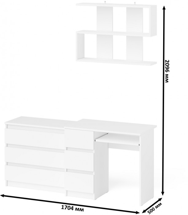 Мори Стол компьютерный МС-6 левый + Комод МК800.1 + Полка 900, цвет белый, ШхГхВ 170,4х50х209,6 см., НЕ универсальная сборка
