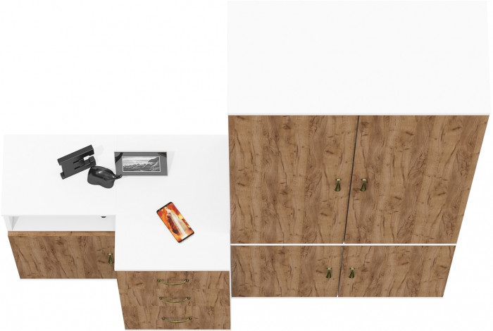 Лидер-8 Шкаф МД 20Б + Тумба МД 3.16 + Тумба МД 3.19, белый шагрень/крафт золото