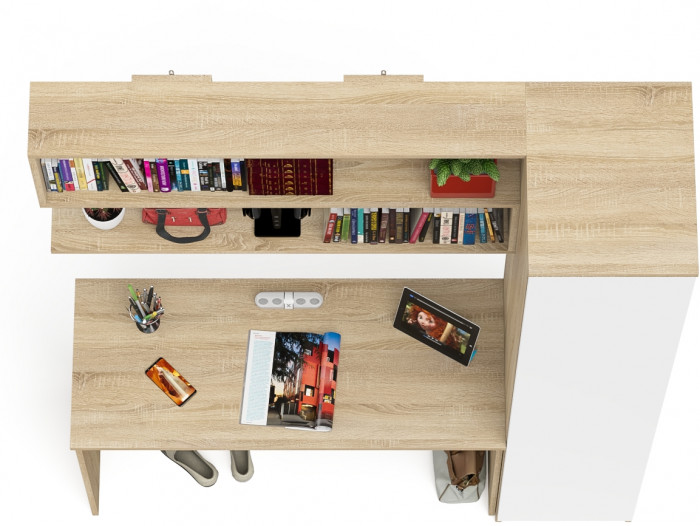 Мори Стол письменный МСП1200.1 + Пенал МШ400.1 + Полка 1200, цвет дуб сонома/белый, ШхГхВ 160,8х50,4х209,6 см., универсальная сборка