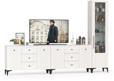 Валенсия Гостиная № 117, цвет ЛДСП белый шагрень/МДФ белый шагрень, ШхГхВ 321,3х38,4х225,2 см., универсальная сборка