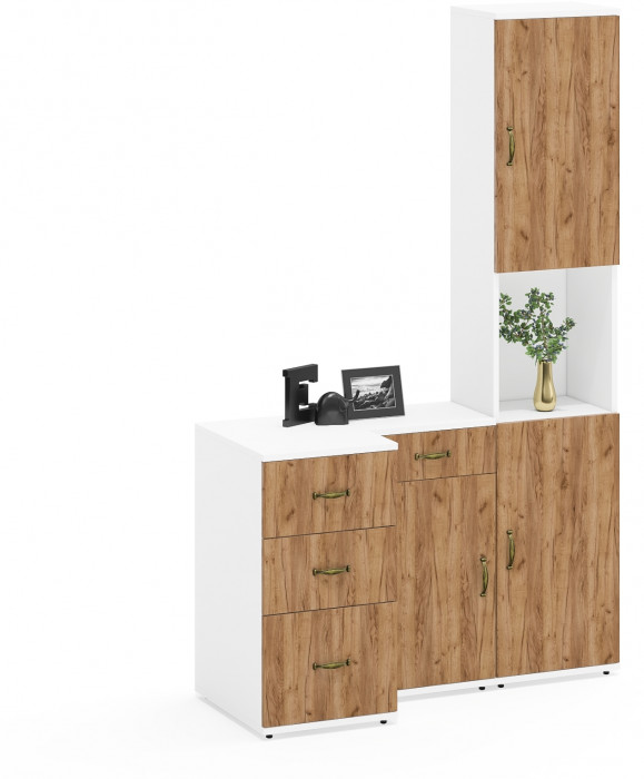 Лидер-8 Пенал + Тумба МД 3.15 + Тумба МД 3.16, цвет белый шагрень/крафт золото, ШхГхВ 120х50х190 см., универсальная сборка