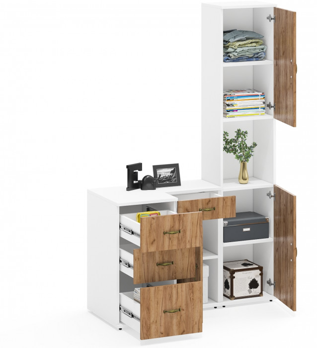 Лидер-8 Пенал + Тумба МД 3.15 + Тумба МД 3.16, цвет белый шагрень/крафт золото, ШхГхВ 120х50х190 см., универсальная сборка