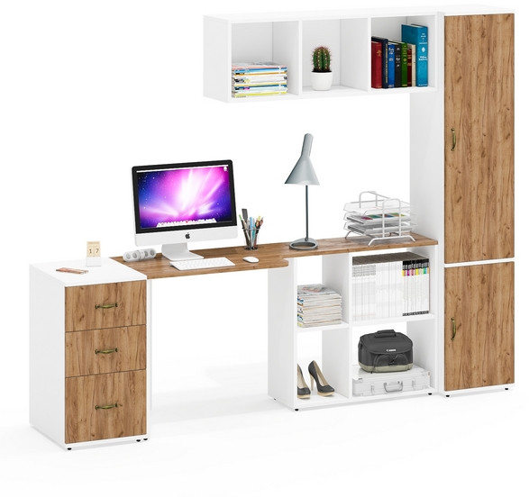 Лидер-8 Стол + Полка + Тумба МД 3.16 + Пенал МД 22Б, белый шагрень/крафт золото