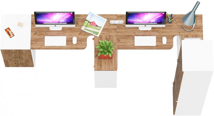 Лидер-8 Стол + Стол + Пенал МД 22Б + Тумба МД 3.16, белый шагрень/крафт золото