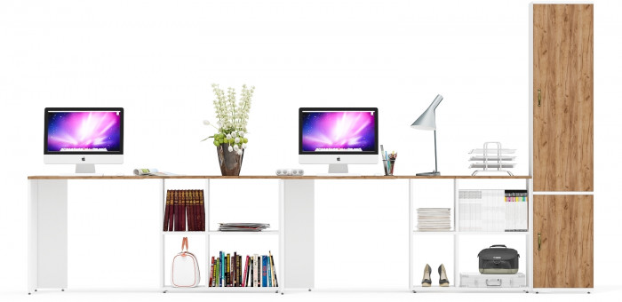 Лидер-8 Стол + Стол + Пенал МД 22Б, цвет белый шагрень/крафт золото, ШхГхВ 370х50/37,5х75/190 или 230х120/50х75/190 см., НЕ универсальная сборка