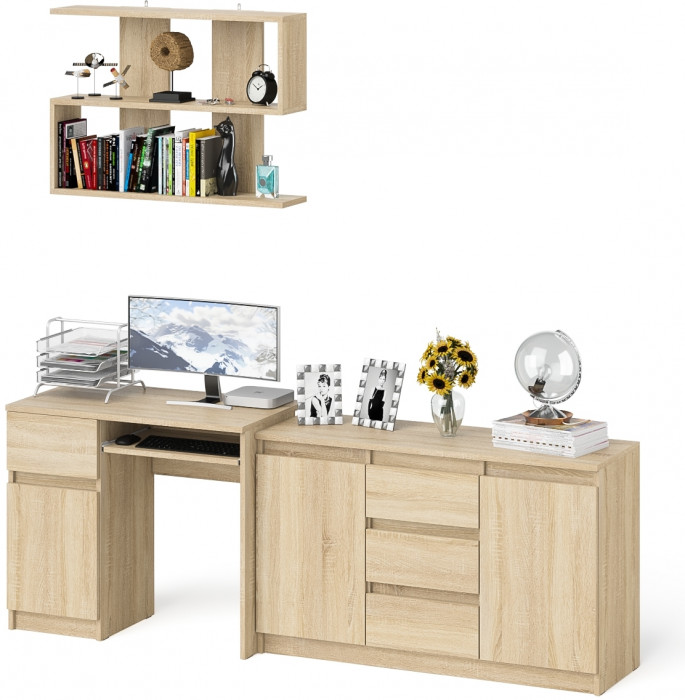Мори Стол компьютерный МС-1 левый + Комод МК1200.3 + Полка 900, цвет дуб сонома, ШхГхВ 210,4х50х209,6 см., НЕ универсальная сборка