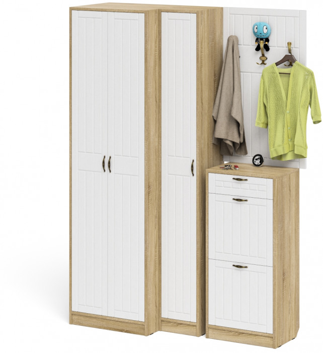 Прихожая П-6 Компоновка № 30, цвет дуб сонома/фасады МДФ белое дерево фрезеровка прованс, ШхГхВ 150х50х210 см., универсальная сборка