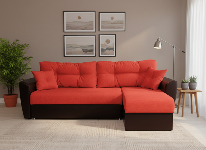 Диван-еврокнижка угловой Амстердам, 160х200, велюр/экокожа красный