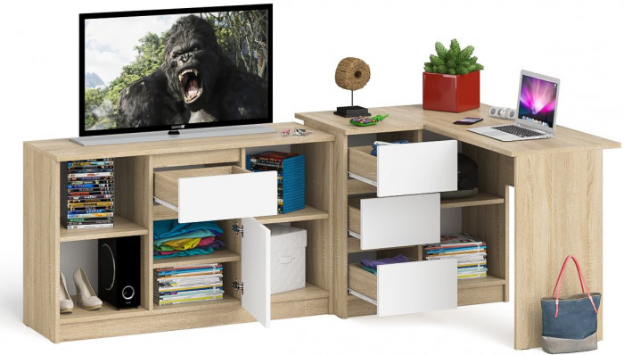 Мори Стол компьютерный МС-16 левый + Тумба МТВ1204.1, цвет дуб сонома/белый, ШхГхВ 244,8х84,9х76,6 см., выдвижные ящики слев, НЕ универсальная сборкаа