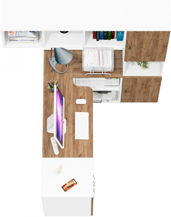 Лидер-8 Стол + Полка + Тумба МД 3.16 + Пенал, белый шагрень/крафт золото