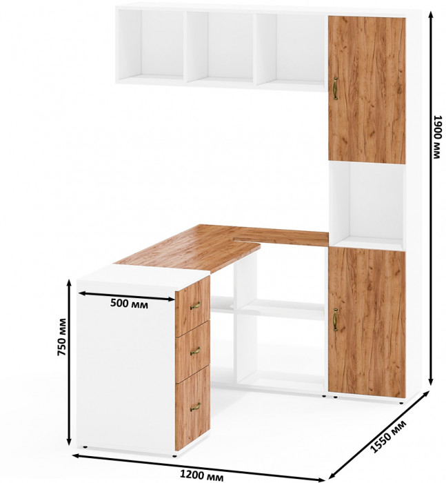 Лидер-8 Стол + Полка + Тумба МД 3.16 + Пенал, белый шагрень/крафт золото