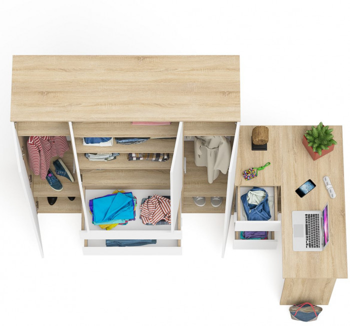 Мори Стол компьютерный МС-16 левый + Шкаф МШ1600.1, цвет дуб сонома/белый, ШхГхВ 284,8х84,9х209,6 см., выдвижные ящики слева, НЕ универсальная сборка