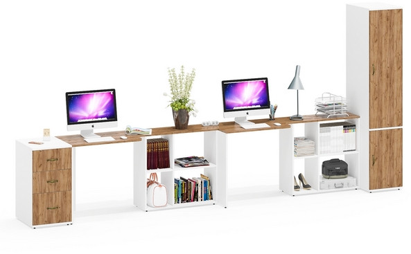 Лидер-8 Стол + Стол + Пенал МД 23Б + Тумба МД 3.16, цвет белый шагрень/крафт золото, ШхГхВ 410х50х75/190 или 270х120/50х75/190 см., НЕ ун. сб.