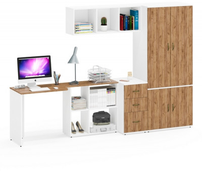 Лидер-8 Стол + Полка + Тумба МД 3.16 + Шкаф МД 19Б, белый шагрень/крафт золото