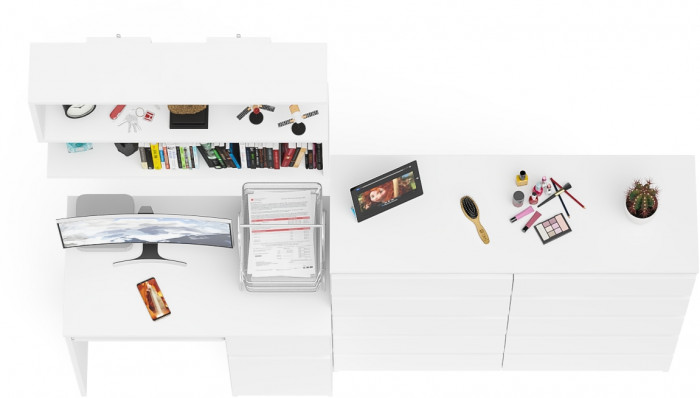 Мори Стол компьютерный МС-1 правый + Комод МК1200.10 + Полка 900, цвет белый, ШхГхВ 210,4х50х209,6 см., НЕ универсальная сборка