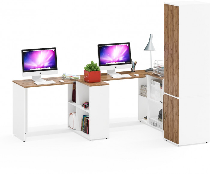 Лидер-8 Стол + Стол + Пенал МД 23Б + Тумба МД 3.19, цвет белый шагрень/крафт золото, ШхГхВ 410х50х75/190 или 230х160/50х75/190 см., НЕ ун. сб.