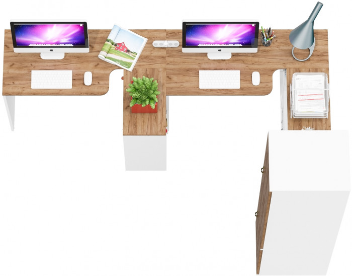 Лидер-8 Стол + Стол + Пенал МД 23Б + Тумба МД 3.19, цвет белый шагрень/крафт золото, ШхГхВ 410х50х75/190 или 230х160/50х75/190 см., НЕ ун. сб.