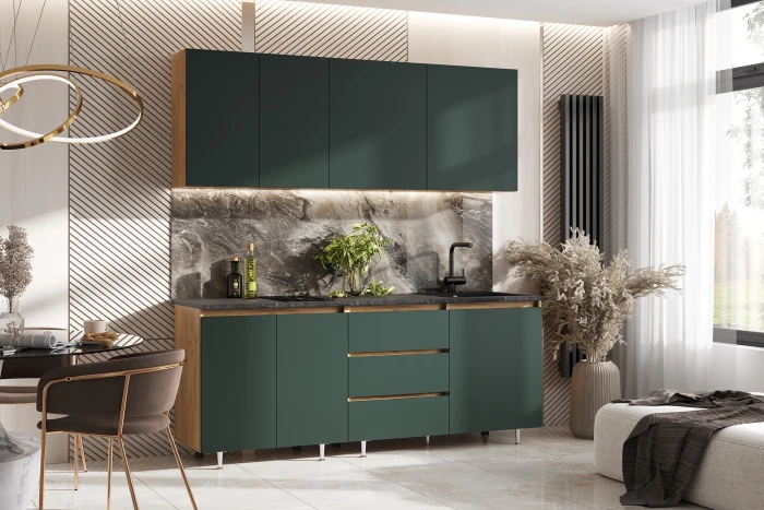 Кухня Челси 2,0м Компановка №2, Дуб крафт/Изумрудный (Кастилло темный)