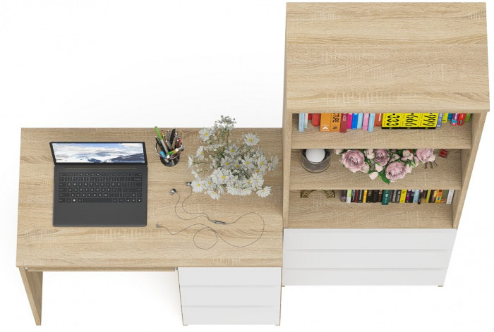Мори Стол компьютерный МС-6 правый + Стеллаж МСТ600.3, цвет дуб сонома/белый, ШхГхВ 150,4х50х179,6 см., выдвижные ящики справа, НЕ универс. сборка