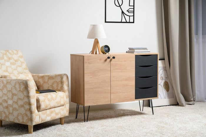 Брюс Комод-тумба 16.233, цвет чёрный/Battle rock Santiago, ШхГхВ 113,4х38,3х85,6 см., универсальная сборка, две дверки и четыре выдвижных ящика