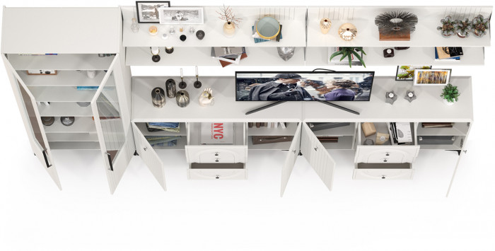 Валенсия Гостиная № 122, цвет ЛДСП белый шагрень/МДФ белый шагрень, ШхГхВ 350,4х38,4х225,2 см., универсальная сборка