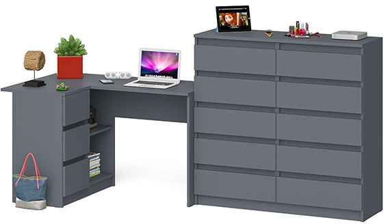 Мори Стол компьютерный МС-16 левый + Комод МК1200.10, цвет графит, ШхГхВ 244,8х84,9х115 см., выдвижные ящики слева, НЕ универсальная сборка