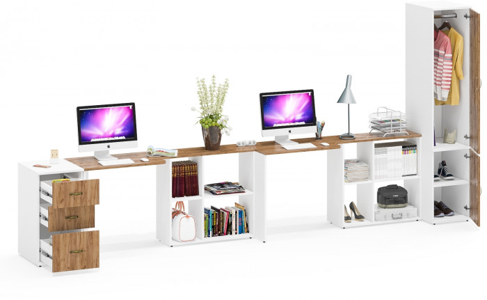 Лидер-8 Стол + Стол + Пенал МД 23Б + Тумба МД 3.16, белый шагрень/крафт золото