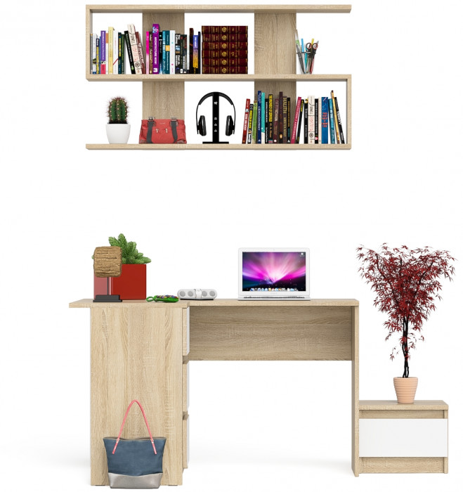 Мори Стол компьютерный МС-16 левый + Тумба ТМП400.1 + Полка 1200, цвет дуб сонома/белый, ШхГхВ 164,8х84,9х209,6 см., НЕ универсальная сборкаа