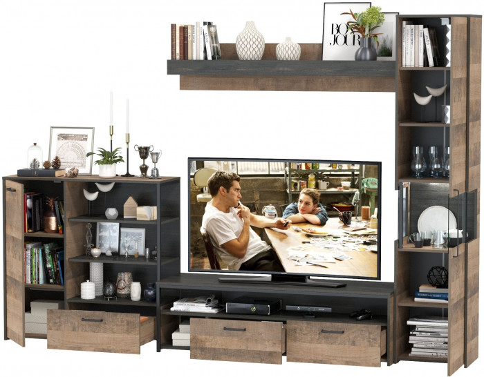 Трувор Гостиная 021, цвет дуб гранж песочный/интра, ШхГхВ 303,6х45,4х210 см., универсальная сборка