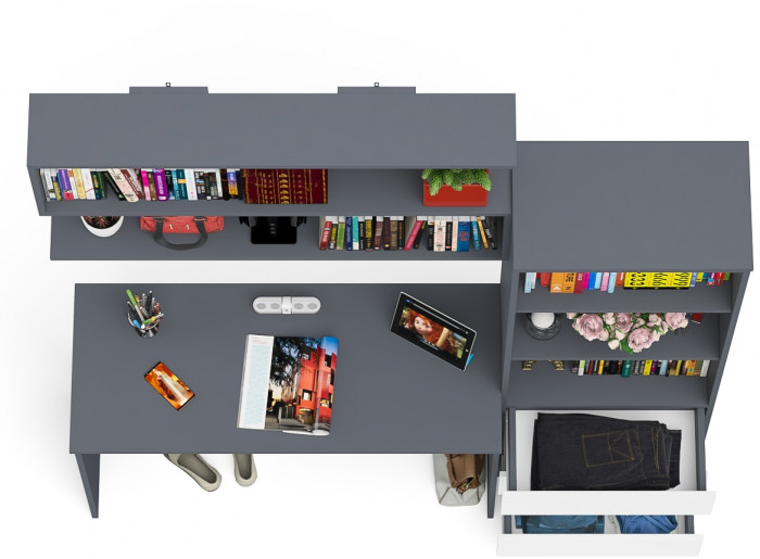 Мори Стол письменный МСП1200.1 + Стеллаж МСТ600.3 + Полка 1200, цвет графит/белый, ШхГхВ 180,8х50х209,6 см., универсальная сборка