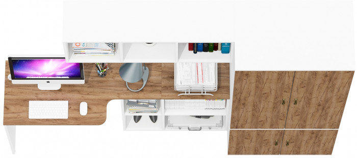 Лидер-8 Стол + Полка + Шкаф МД 19Б, белый шагрень/крафт золото
