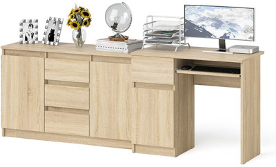 Мори Стол компьютерный МС-1 левый + Комод МК1200.3, цвет дуб сонома, ШхГхВ 210,4х50х76,6 см., выдвижной ящик слева, НЕ универсальная сборка