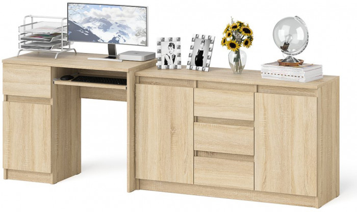Мори Стол компьютерный МС-1 левый + Комод МК1200.3, цвет дуб сонома, ШхГхВ 210,4х50х76,6 см., выдвижной ящик слева, НЕ универсальная сборка