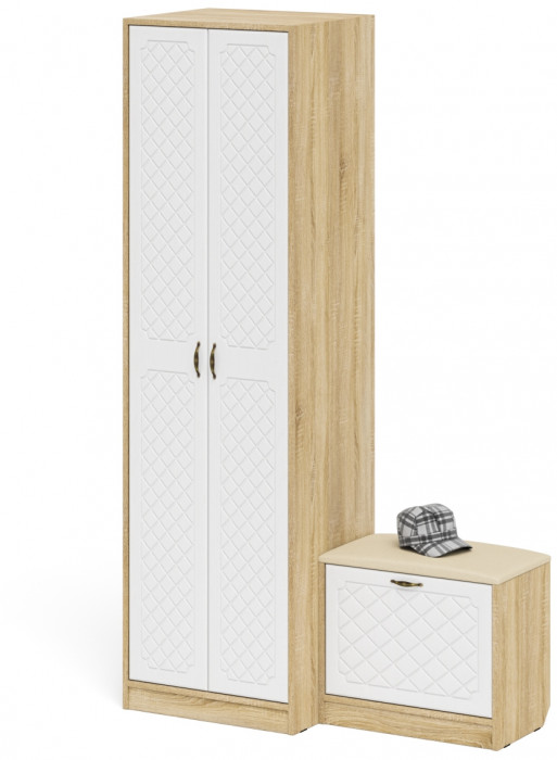 Прихожая П-6 Компоновка № 10, дуб сонома/фасады МДФ белое дерево фрезеровка ромб