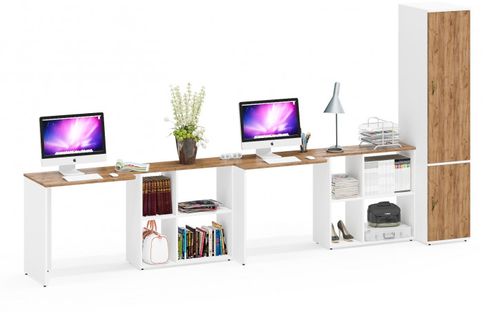 Лидер-8 Стол + Стол + Пенал МД 23Б, белый шагрень/крафт золото