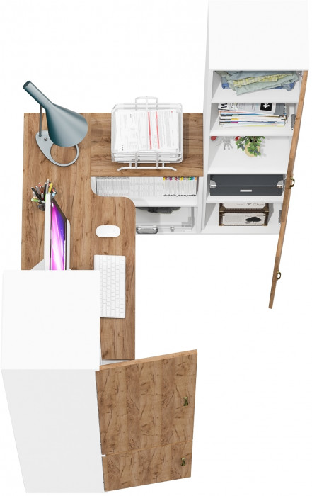 Лидер-8 Пенал МД 22Б + Стол + Пенал, цвет белый шагрень/крафт золото, ШхГхВ 245х50/37,5х75/190 или 155х120/50х75/190 см., НЕ универсальная сборка