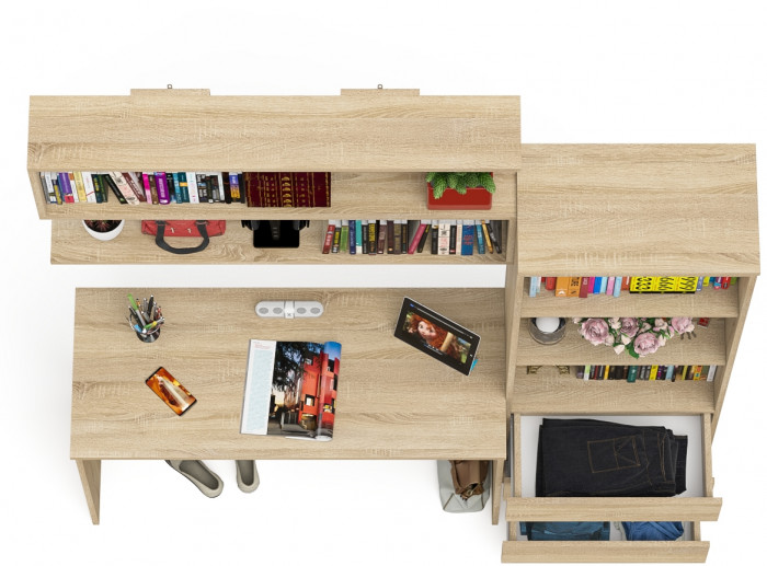 Мори Стол письменный МСП1200.1 + Стеллаж МСТ600.3 + Полка 1200, цвет дуб сонома, ШхГхВ 180,8х50х209,6 см., универсальная сборка