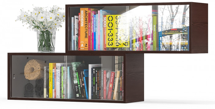 Две полки книжных С-МД-КН01, цвет венге, ШхГхВ размер каждой полки в отдельности: 83х25х30 см., стеклянные дверцы