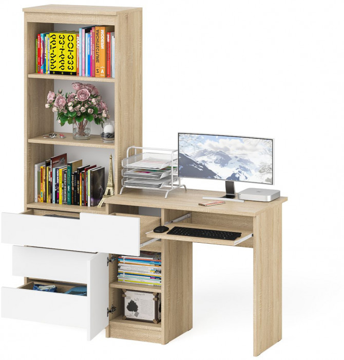 Мори Стол компьютерный МС-1 левый + Стеллаж МСТ600.3, цвет дуб сонома/белый, ШхГхВ 150,4х50х179,6 см., выдвижной ящик слева, НЕ универсальная сборка
