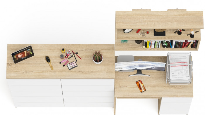 Мори Стол компьютерный МС-1 правый + Комод МК1200.10 + Полка 900, цвет дуб сонома/белый, ШхГхВ 210,4х50х209,6 см., НЕ универсальная сборка