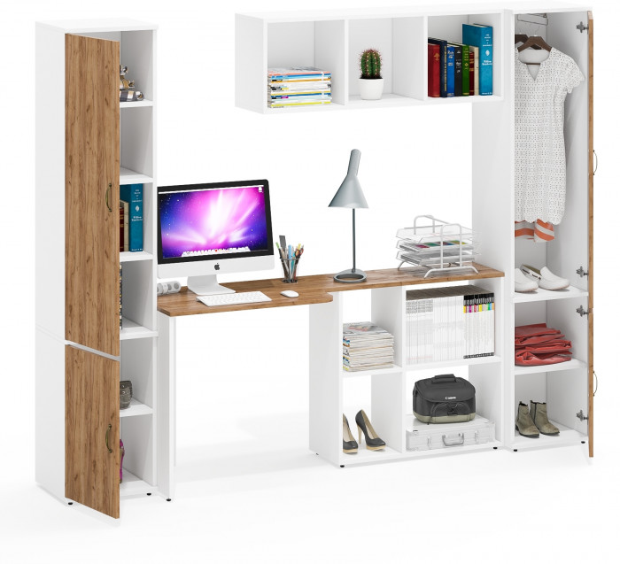 Лидер-8 Пенал МД 22Б + Стол + Полка + Пенал 21Б, цвет белый шагрень/крафт золото, ШхГхВ 245х50х75/190 или 155х120/50х75/190 см., НЕ универс. сборка