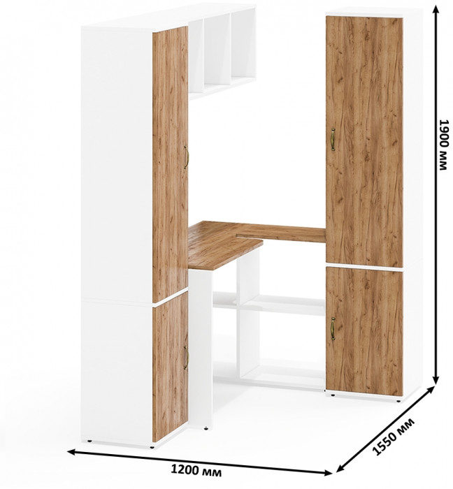 Лидер-8 Пенал МД 22Б + Стол + Полка + Пенал 21Б, цвет белый шагрень/крафт золото, ШхГхВ 245х50х75/190 или 155х120/50х75/190 см., НЕ универс. сборка