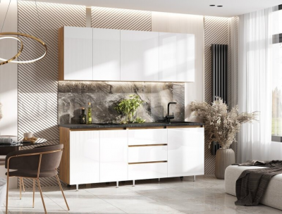 Кухня Челси 2,0м Компановка №2 белый глянец холодный/дуб крафт (кастилло)