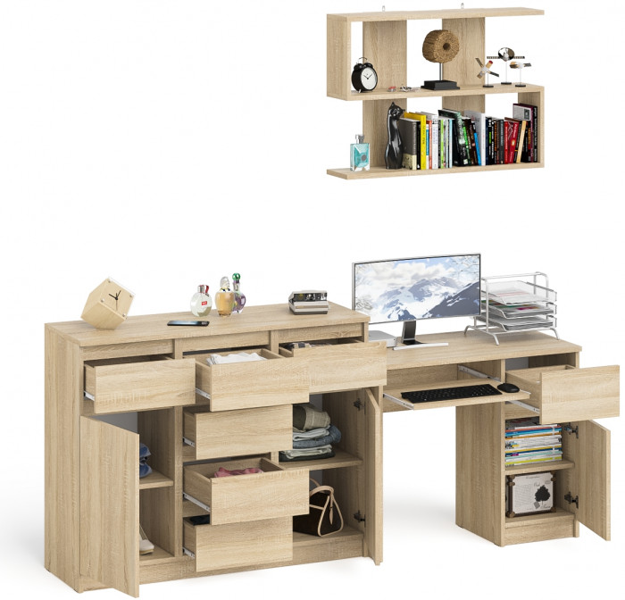 Мори Стол компьютерный МС-1 правый + Комод МК1200.4 + Полка 900, цвет дуб сонома, ШхГхВ 210,4х50х209,6 см., НЕ универсальная сборка